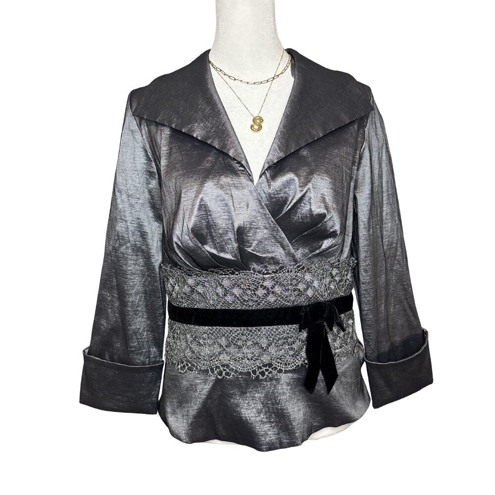 Cachet Y2K Iridescent Silver Wrap Blouse Velvet Lace Waist Belt Top Size 6 XS